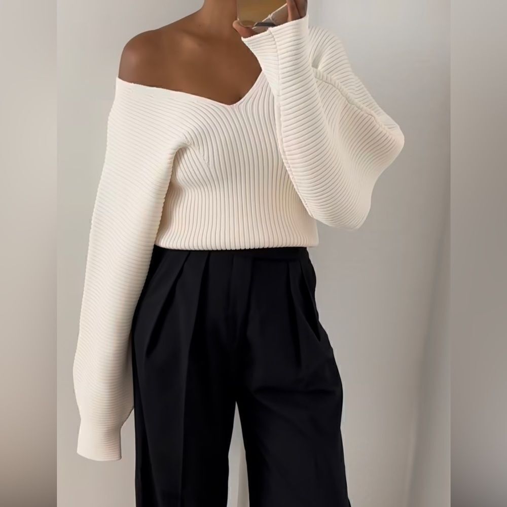 H&M Rib Knit Fitted Sweater Cream New - Picture 6 of 10
